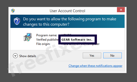 Screenshot where GEAR Software Inc. appears as the verified publisher in the UAC dialog